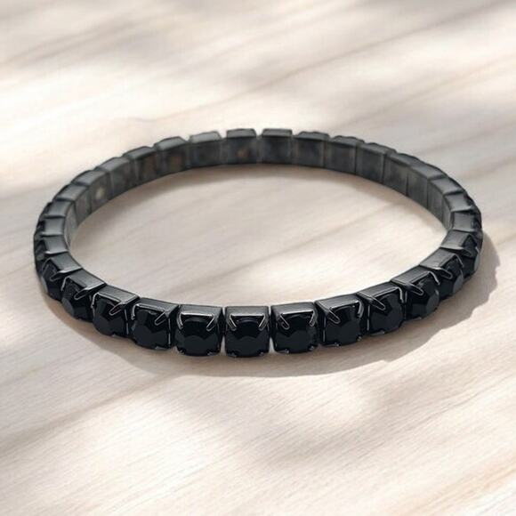 Black Rhinestone Tennis Style Stretch Bracelet - Picture 4 of 7